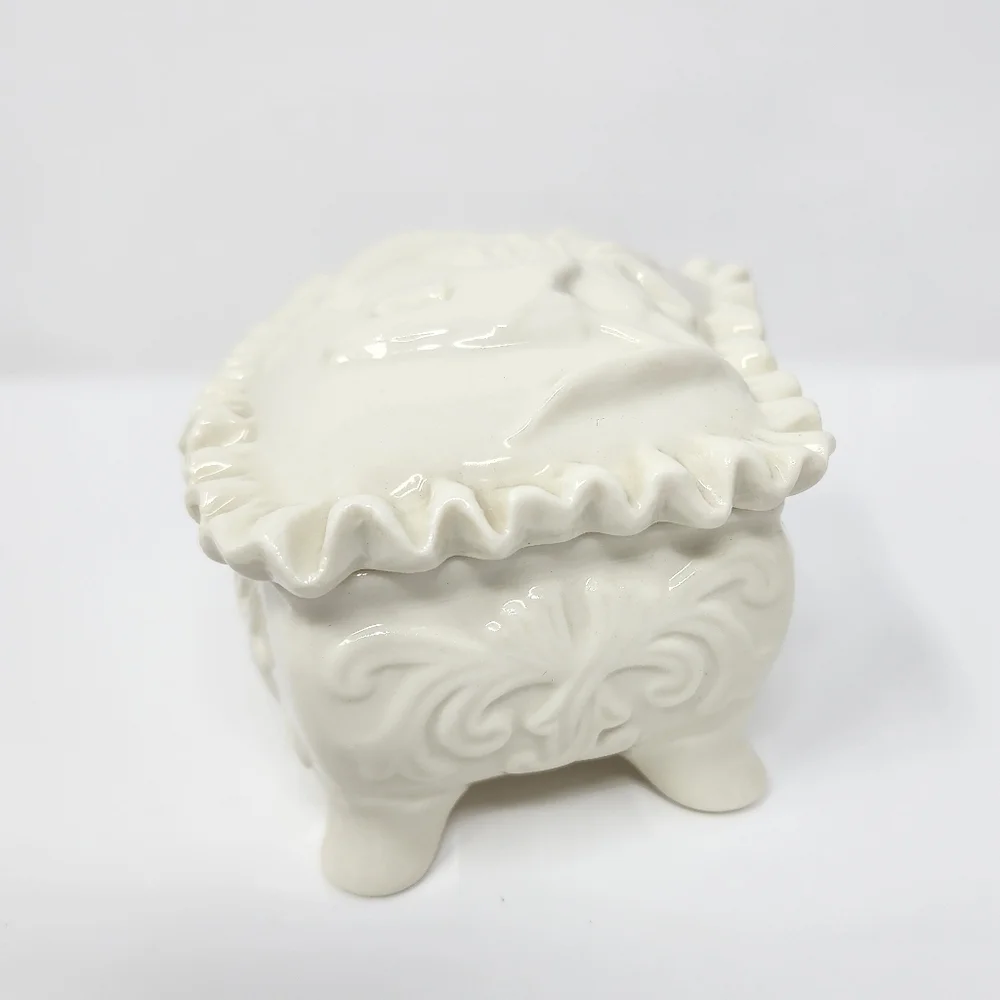 Vintage White Ceramic Glazed Footed Floral Trinket Box